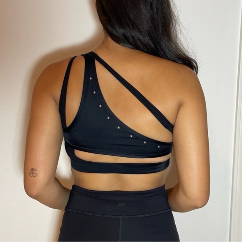 Maaji Black Asymmetrical Strappy Sports Bra with Stud Accents